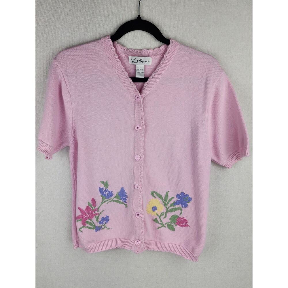 Fred Thomas Sweater Womens S pink Scalloped neck floral cottagecore grandmacore